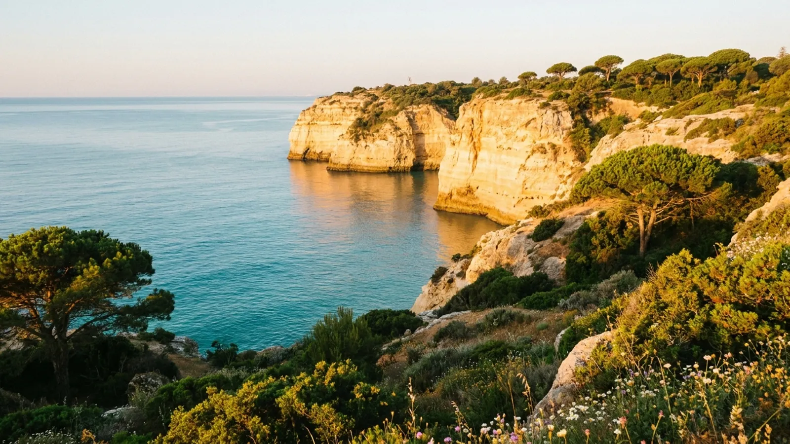 Coastal landscape with golden cliffs and calm blue sea in the Algarve