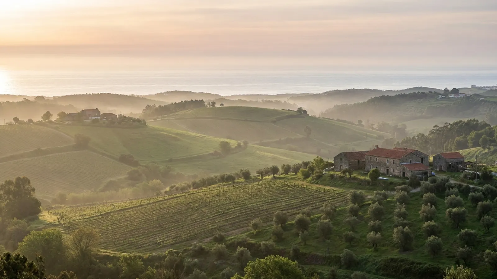 Serene Portuguese landscape with soft morning light, gentle hills, and distant ocean