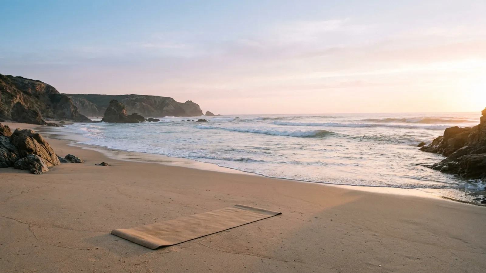 Serene Portuguese coastline at sunrise, with a yoga mat on a sandy beach