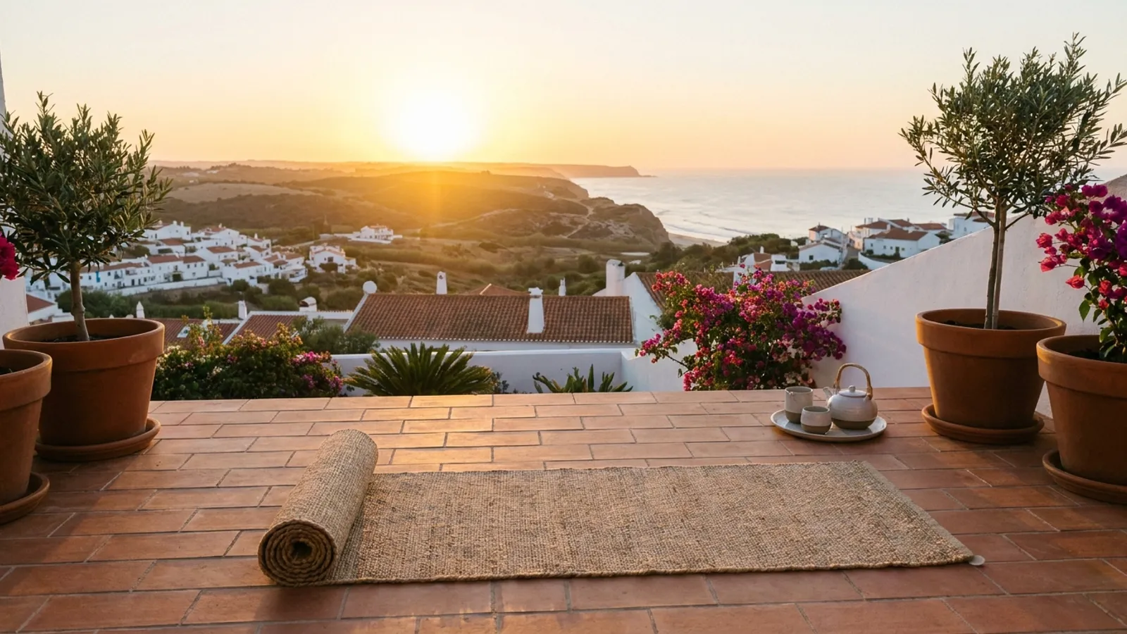 Serene Portuguese landscape with a yoga mat on a terrace overlooking the ocean at sunrise